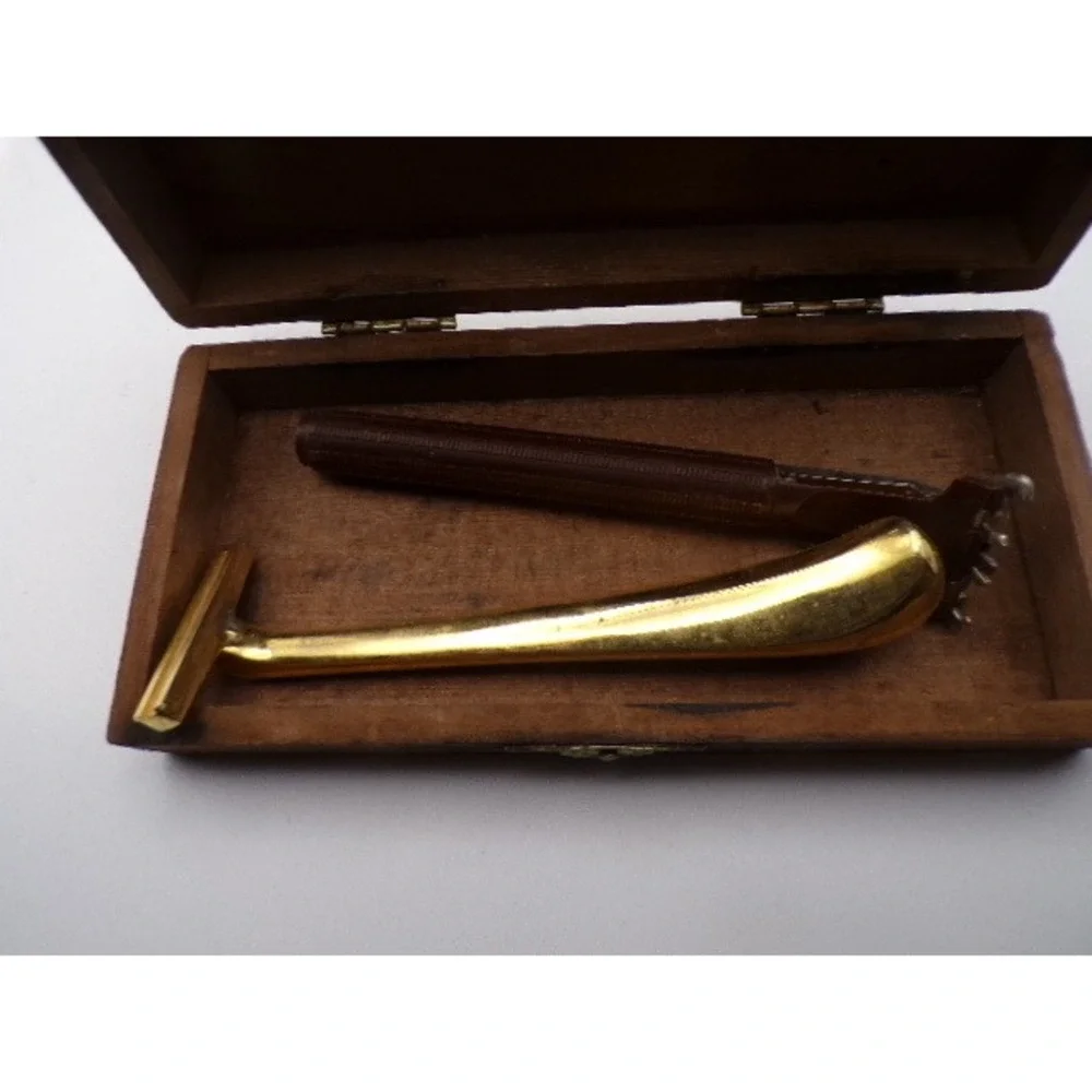 Vintage Safety Razor Handle Set Gold Brass Handle Leather Case Wooden Box‎